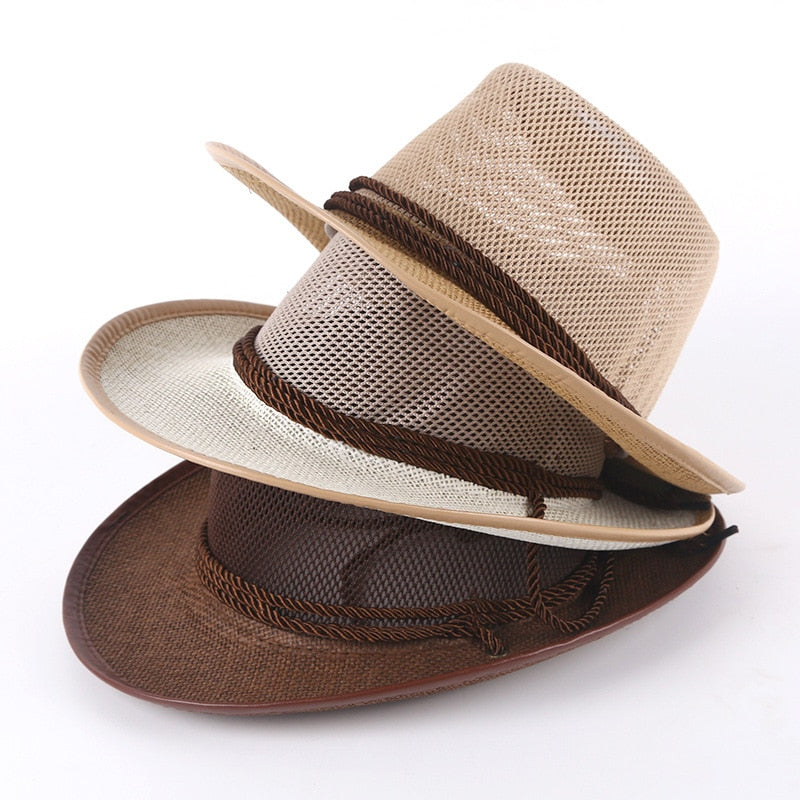 Caluriri Breathable Mesh Men Western Cowboy Hat Outdoor Straw Hat Men Summer Seaside Beach Hat Camping Men Sun Hat
