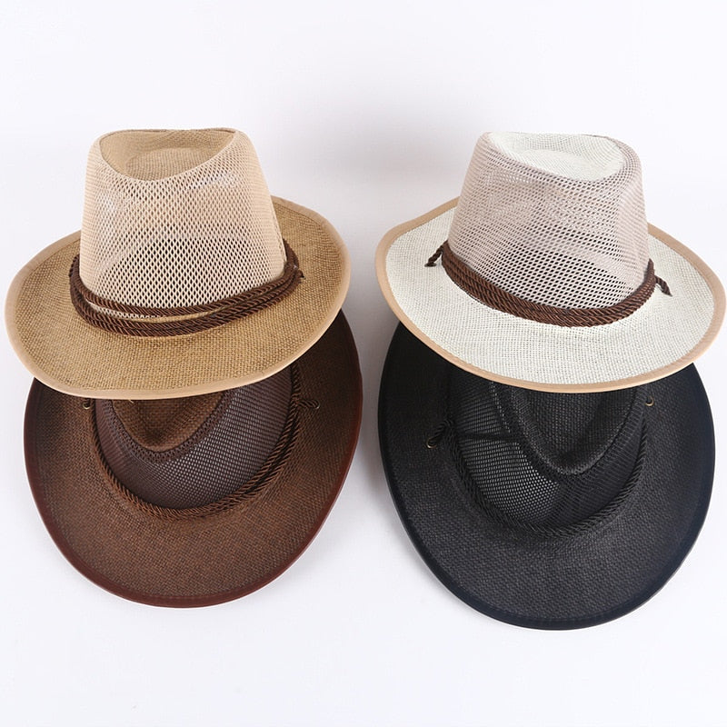 Caluriri Breathable Mesh Men Western Cowboy Hat Outdoor Straw Hat Men Summer Seaside Beach Hat Camping Men Sun Hat