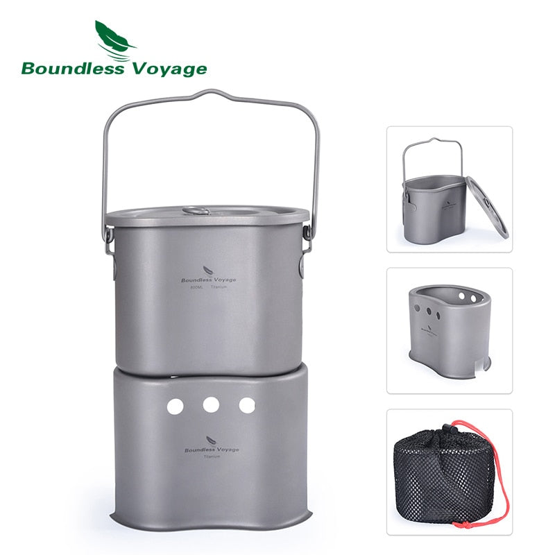 Boundless Voyage Outdoor Titanium Foldable Mini Size Wood Burning Stove with Camping Pot 2 in 1 Canteen Cup Ti2005C