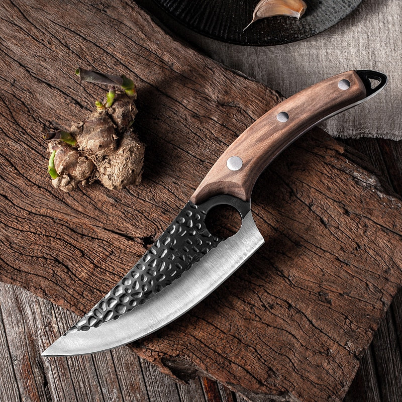 Liang Da Forged Butcher Knife 5.5&#39;&#39; High Clad Steel Boning Hunting Camping Tool Leather Cover Handmade Chef Knife Serbian Style