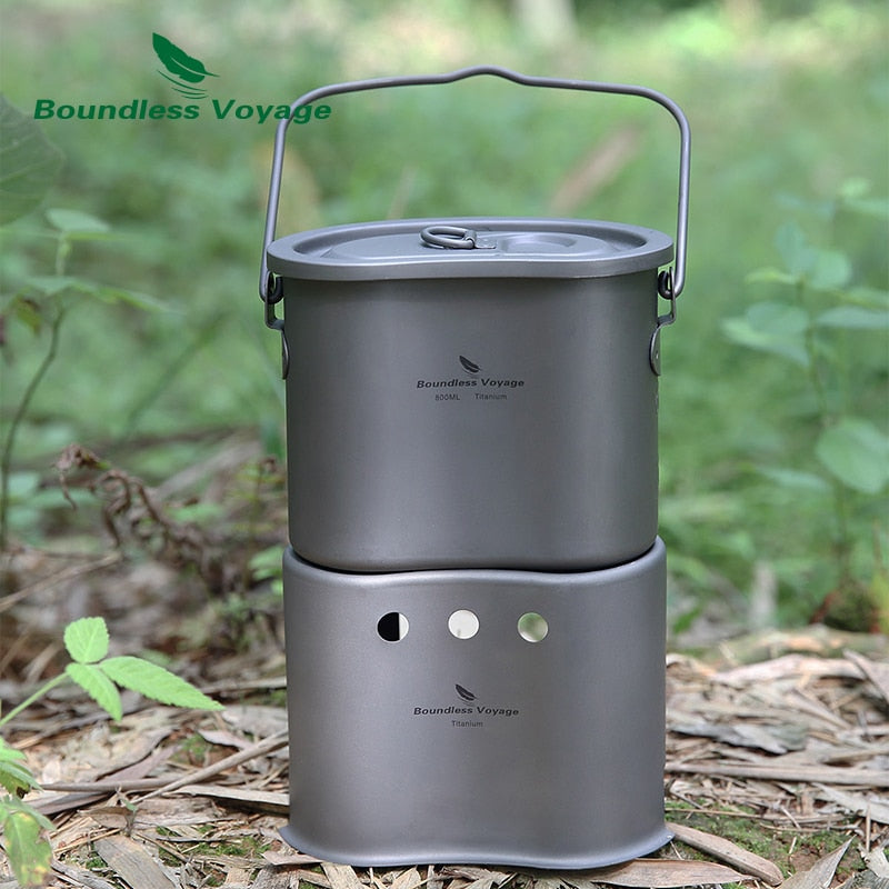 Boundless Voyage Outdoor Titanium Foldable Mini Size Wood Burning Stove with Camping Pot 2 in 1 Canteen Cup Ti2005C