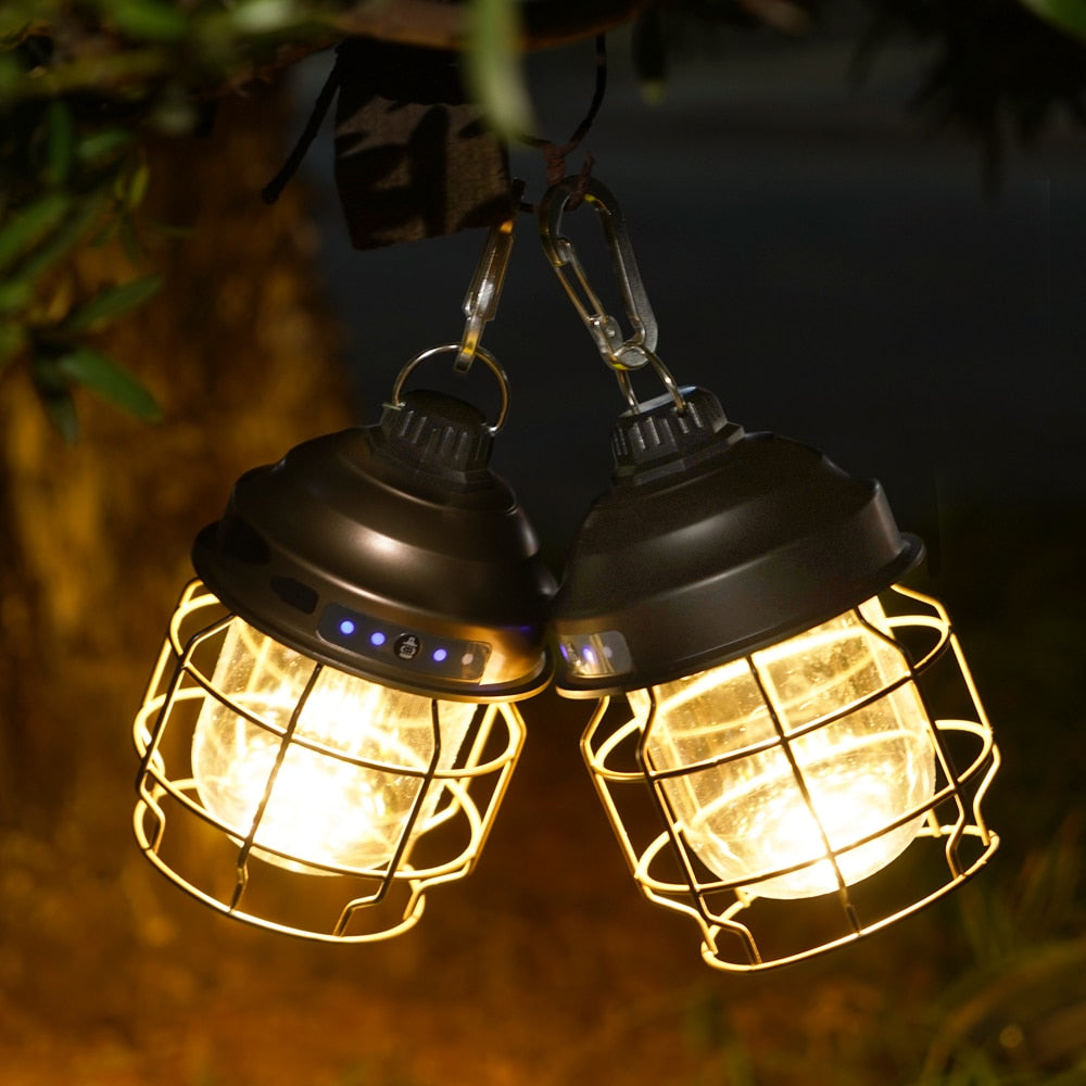 Vintage Metal Hanging Camping Lanterns 3600mAh Battery Powered Warm Light Led Camp Lantern Rechargeable Tent Light For Outdoor