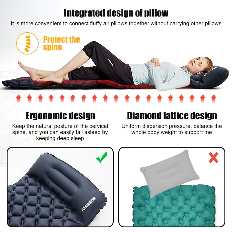 PACOONE Outdoor Camping Sleeping Pad Inflatable Mattress with Pillows Ultralight Air Mat Built-in Inflator Pump Travel Hiking